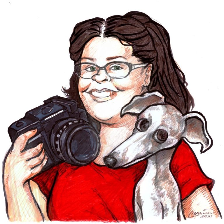 Caricature by AngryMonkey Cartoonz of Twyla with her Dog and Camera